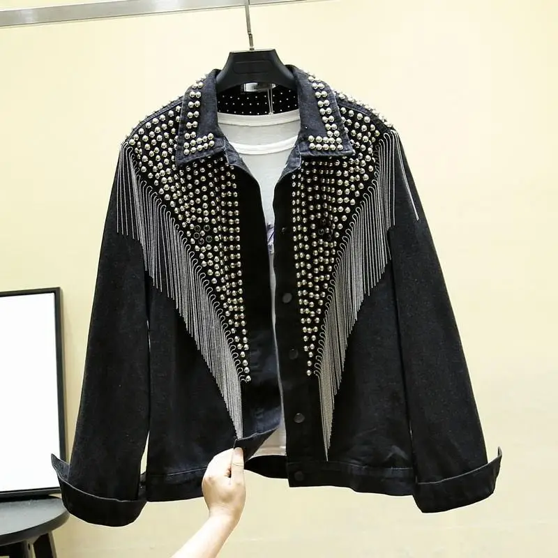 incredible  Autumn Streetwear Jeans Coat Solid Rivet Tassel Short Denim Jacket Women Loose Black Jacket Jacket