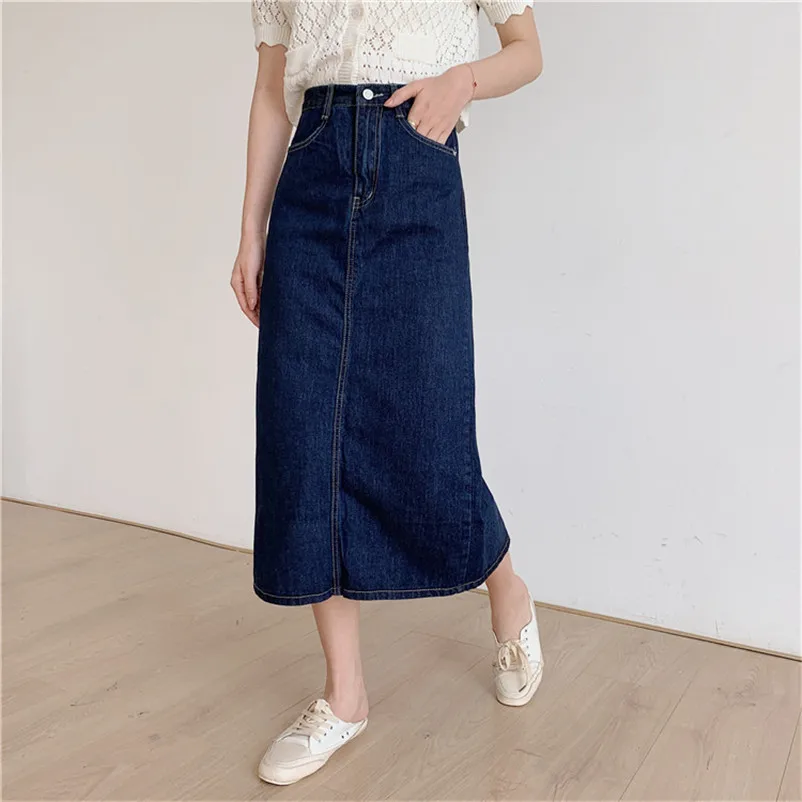 

Women Sexy Denim Skirts 2020 Fashion Split Mid Calf Length Skirts OF7438 Vintage Pocket Blue Saia Ladies High Waist Midi Skirt
