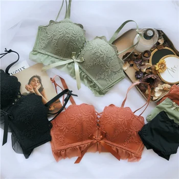 

Women Push Up Bra Set Mesh Embroidery Wire Free Lace Side Bow Bralette Lingerie Mid Waist Brief Intimate