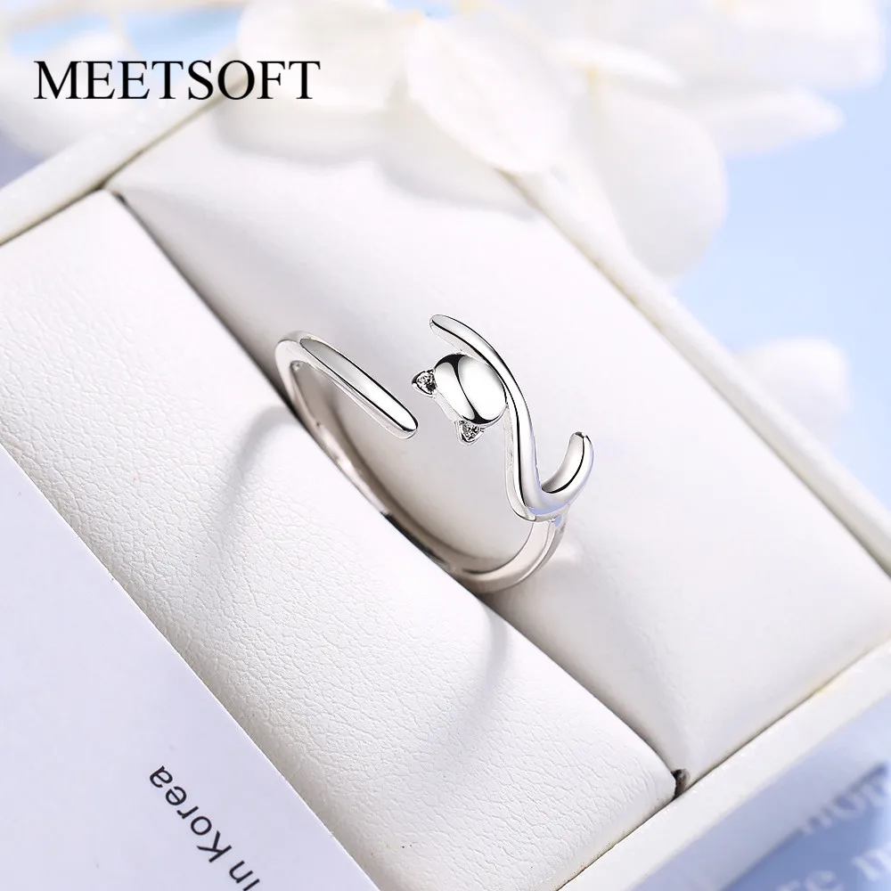 MEETSOFT 925 Silver  Opening Ring For Women Simple Adjustable Circle Animal Little Cat Jewelry Gift | Украшения и аксессуары