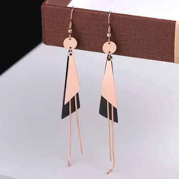 

New Tassel Triangle Drop Earrings For Women Statement Geometric Titanium Steel Rose Gold Dangle Earrings Wedding Fashion Jewelry