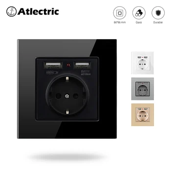 

Atlectric Dual USB Port Glass Panel Luxury Power Socket 16A With Charging Port EU Standard Charger Adapter 86mm*86mm