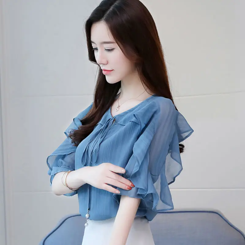 Женская шифоновая блузка с рукавом в виде листьев лотоса белая офисная модель 3XL