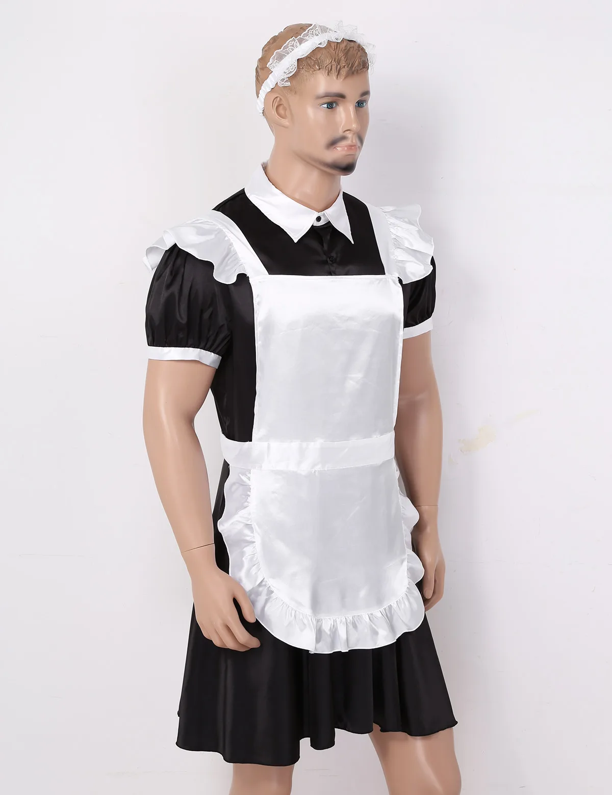 3Pcs Mens Sissy French Maid Dress Set Adult Frilly Satin Uniform Crossdressing Cosplay Costume picture