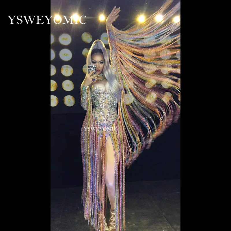 

2019 Colorful Women Gold Long Fringes Costume Leotard female singer DJ Nightclub show Tassel Bodysuit Stage Performance Outfit