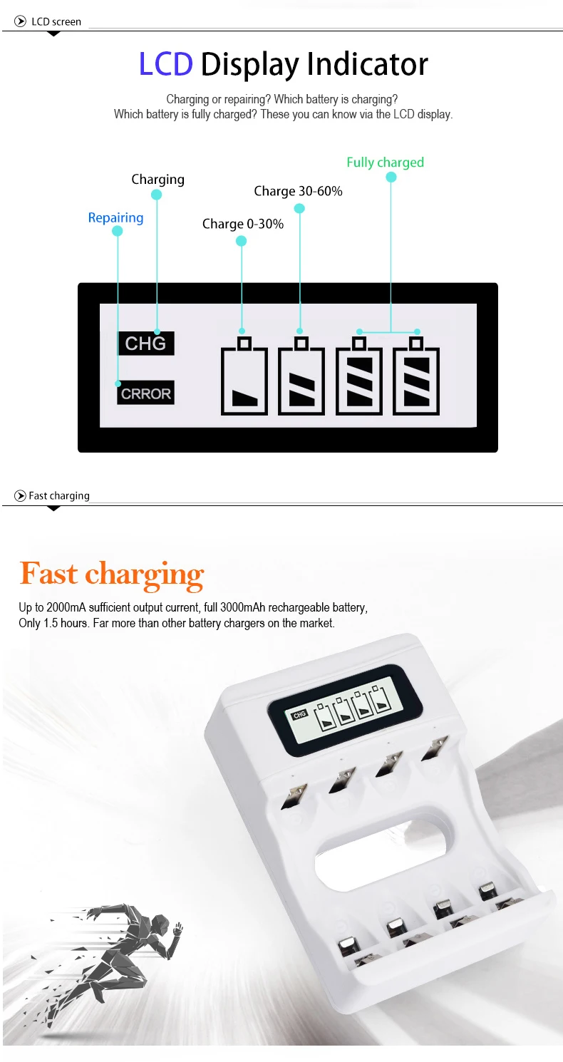 PALO 4-8 Slots Fast Smart Charger LCD Display Intelligent Battery Charger For 1.2V AA AAA NiCd NiMh Rechargeable Battery