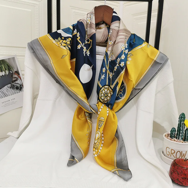 

YILIAN Brand 90*90cm Square Scarf Pastoral Flowers Chinese Knot Novelty Print Shawls and Wraps Luxury Silk Scarves Lady Hijab