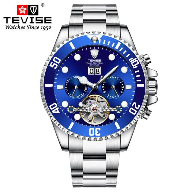 Роскошные Брендовые мужские часы TEVISE Automatico Tourbillon, автоматические механические наручные часы, полностью из нержавеющей стали, часы для самостоятельного ветра, подарок - Цвет: Silver Blue