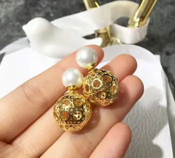 

Double faced Hollow out Ball and Pearl Design Women Earrings Classic Fashion Gold Color and White pearl Earring Pearl Jewelry