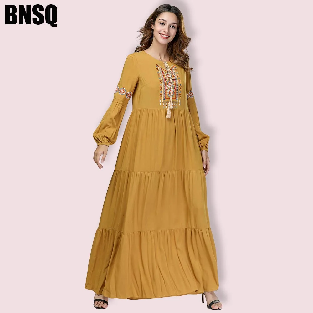 yellow BNSQ модное простое платье с вышивкой мусульманское абайя свободное Макси платье - Цвет: yellow
