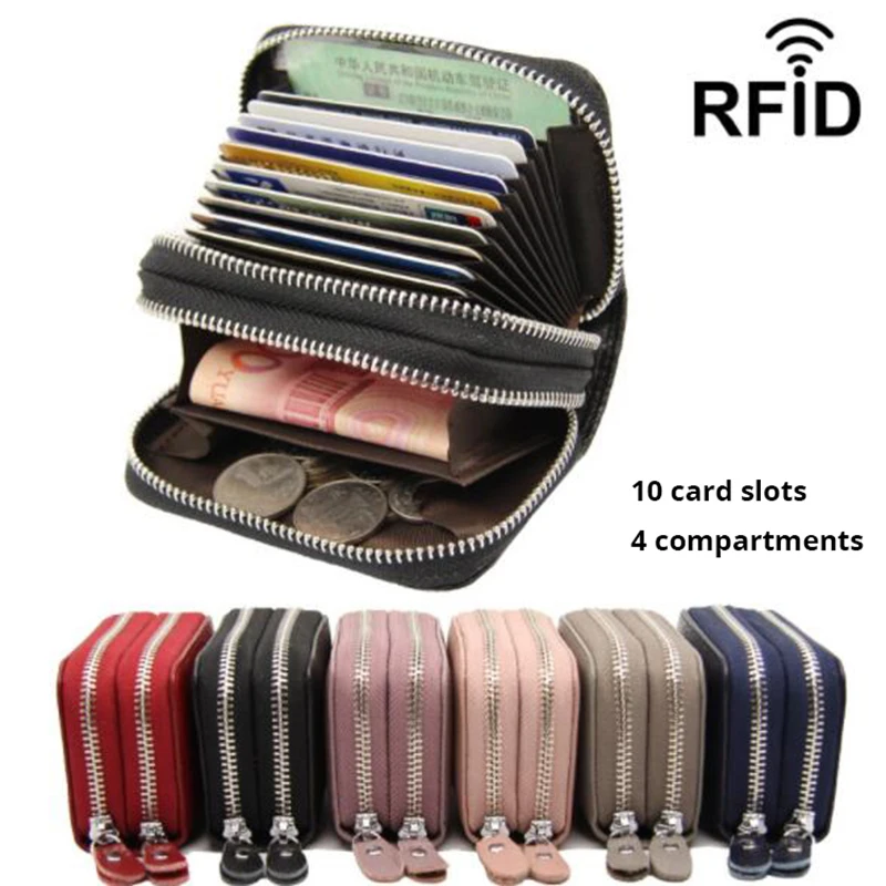 Кожаный женский мини rfid-кошелек бизнес-держатель для кредитных карт чехол с двойной молнией Красный Розовый Дамский модный кошелек для монет