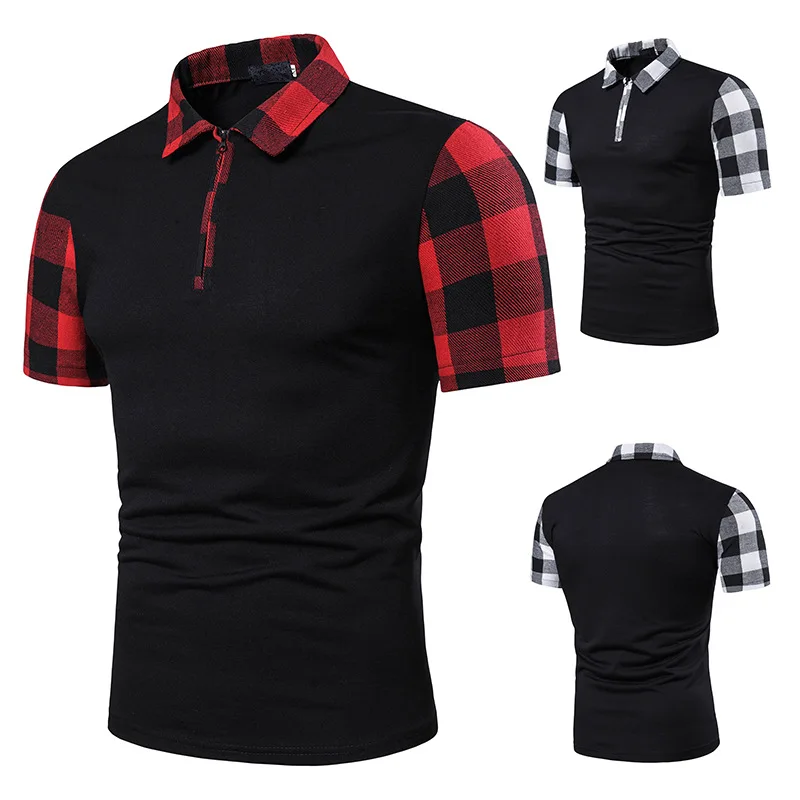 

MEN'S Short-sleeved T-shirt Solid Color Large Body Neckline Sleeve Arm Large Grid Collocation MEN'S Short-sleeved Shirt Polo B32