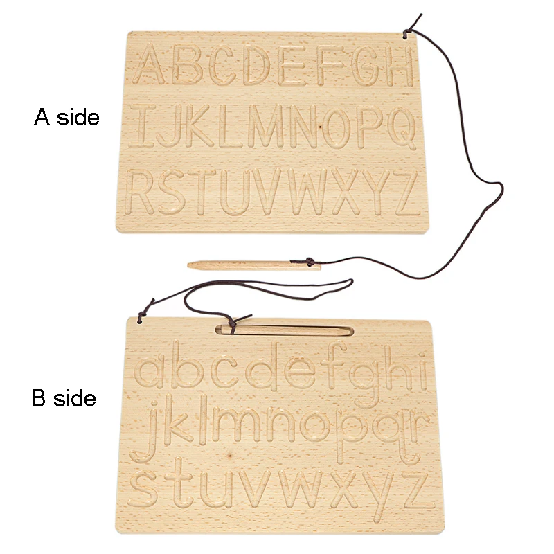 Montessori Tracing Groove Toys Writing Board Alphabet ABC Letters Board Double Shapes Number 1-10 Plush Double Side Beech Wood 4