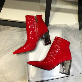 

Boots Personalized Strap Motorcycle 2020 Winter Fashion Patent Leather Pointed Metal Silver Thick Heel Tide Cool Women's Shoes