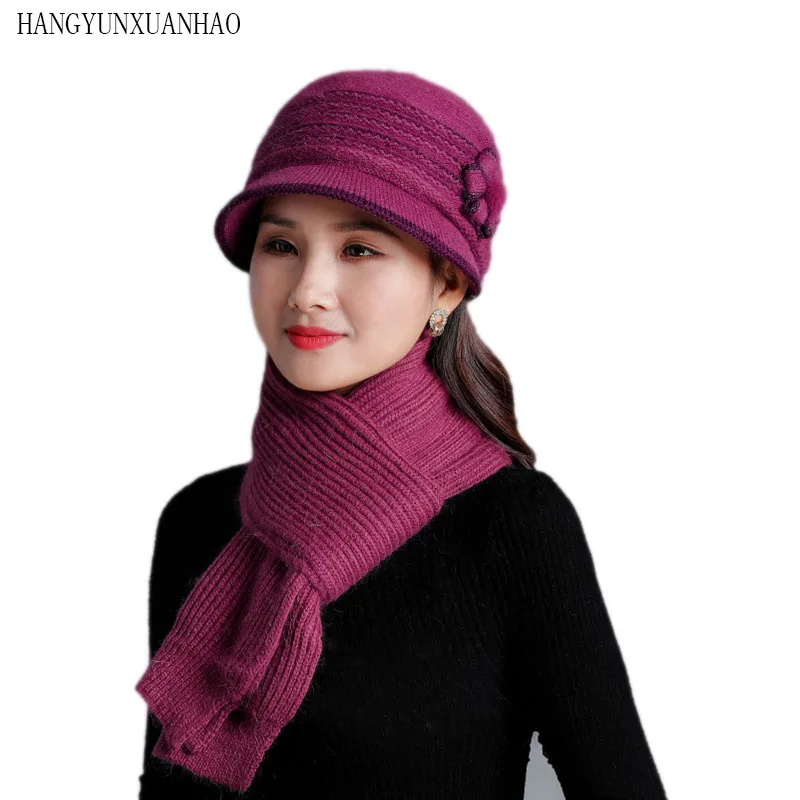 

Winter Mom Hat and Scarf Set for Women Rabbit Fur Hat Scarves Set Winter Knitted Women Hat Bucket Hats Scarf Set Grandma Gift