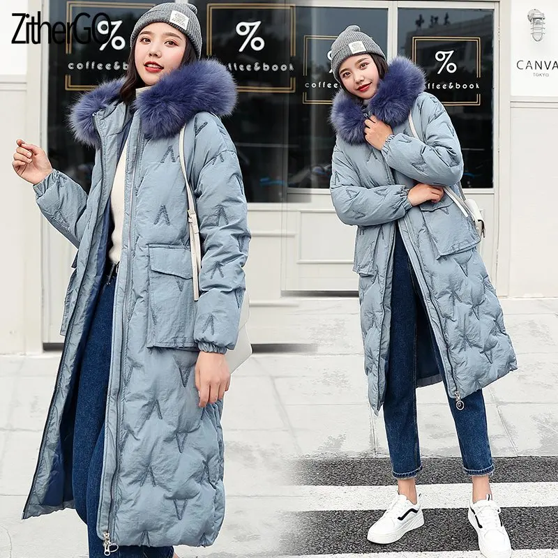 Blue&6918 Зимняя женская куртка Новая модная пуховая верхняя одежда пальто с капюшоном меховой воротник Свободная Парка женская теплая верхняя одежда куртка - Цвет: Blue&6918