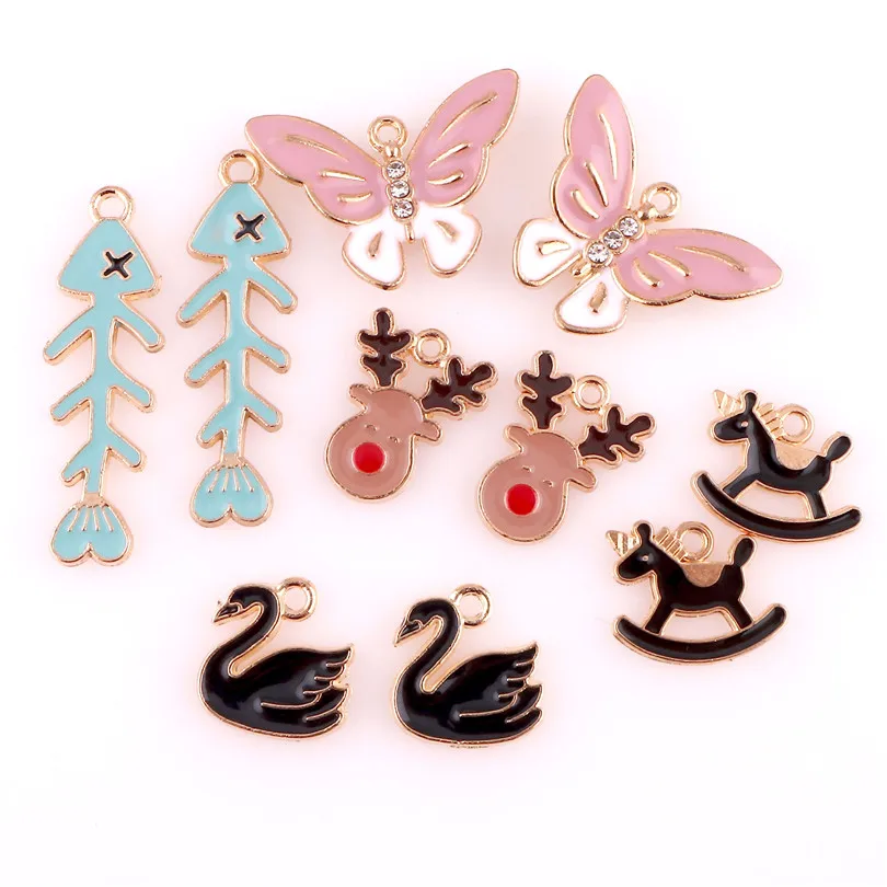 

10pcs Enamels Deer Swan Fish Bone Butterfly Alloy Earring Charms DIY Handmade Making Hair Necklace Jewelry Pendant Accessories