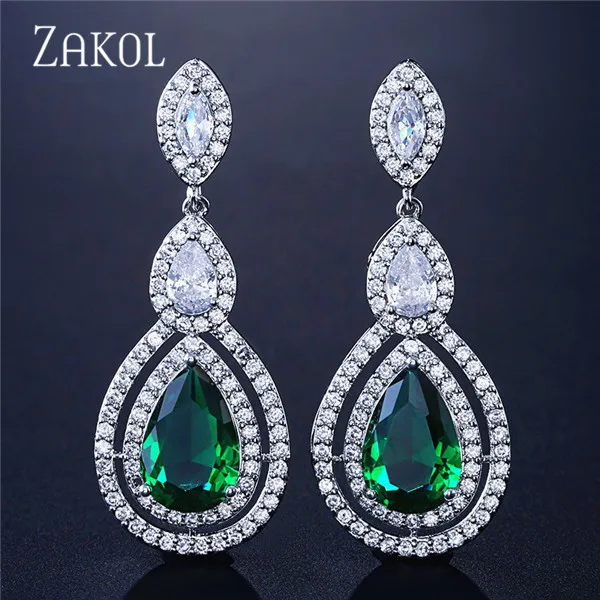 ZAKOL блестящие висячие серьги в виде капли воды с фианитами для невест, модные свадебные ювелирные изделия с кристаллами, Brinco FSEP2313 - Окраска металла: Green