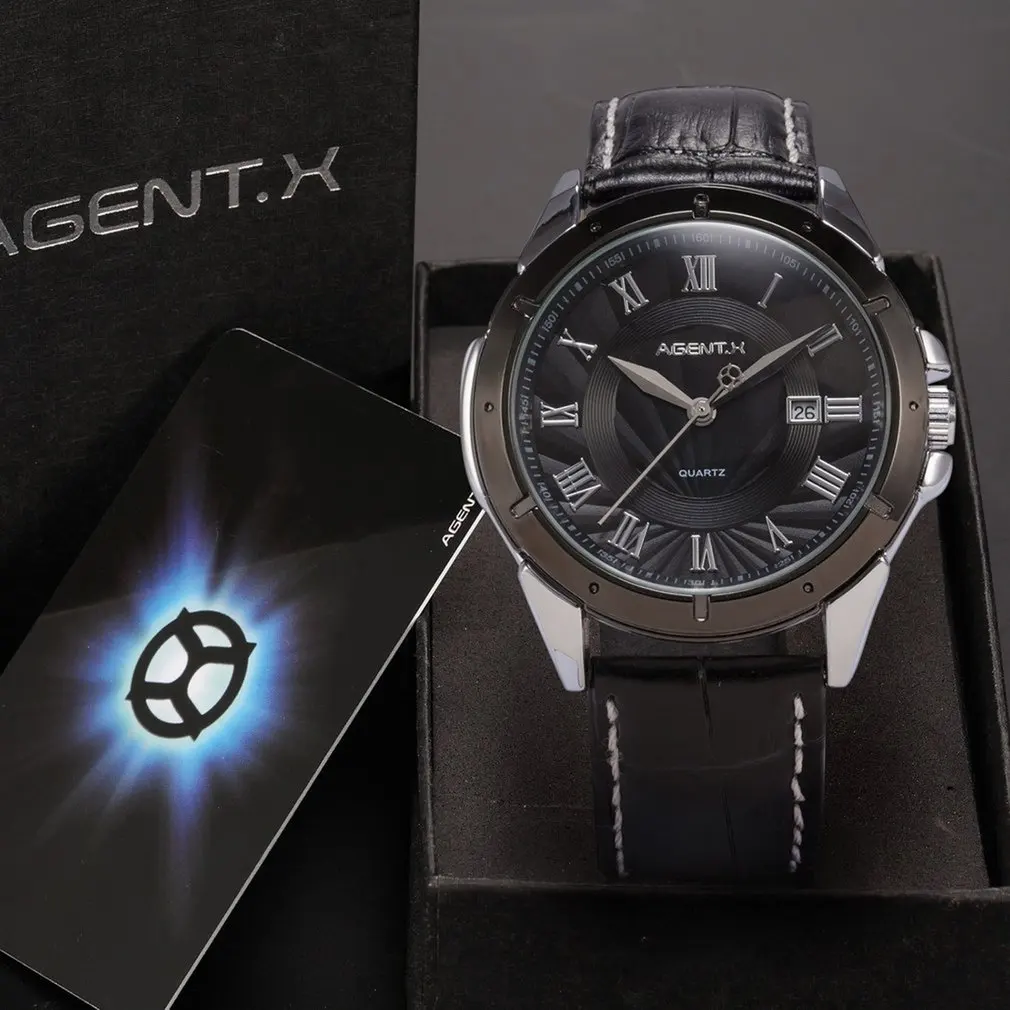 AGENTX римские цифры день дисплей черный чехол из нержавеющей стали кожаный ремешок