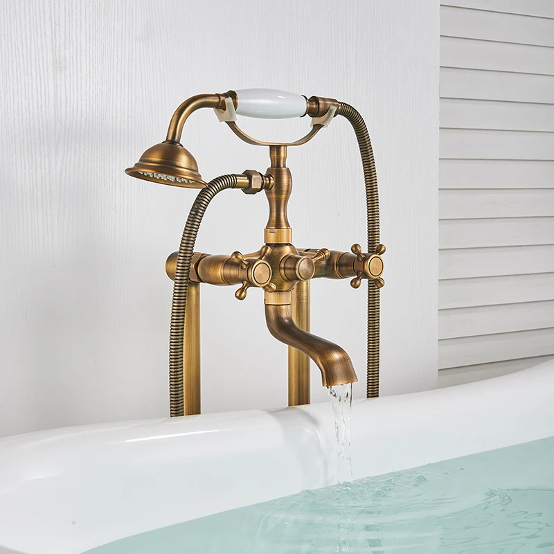 Shower Set Antique Brass Floor Mounted Tub Sink Faucet Dual Handle Bath Shower for Bathtub