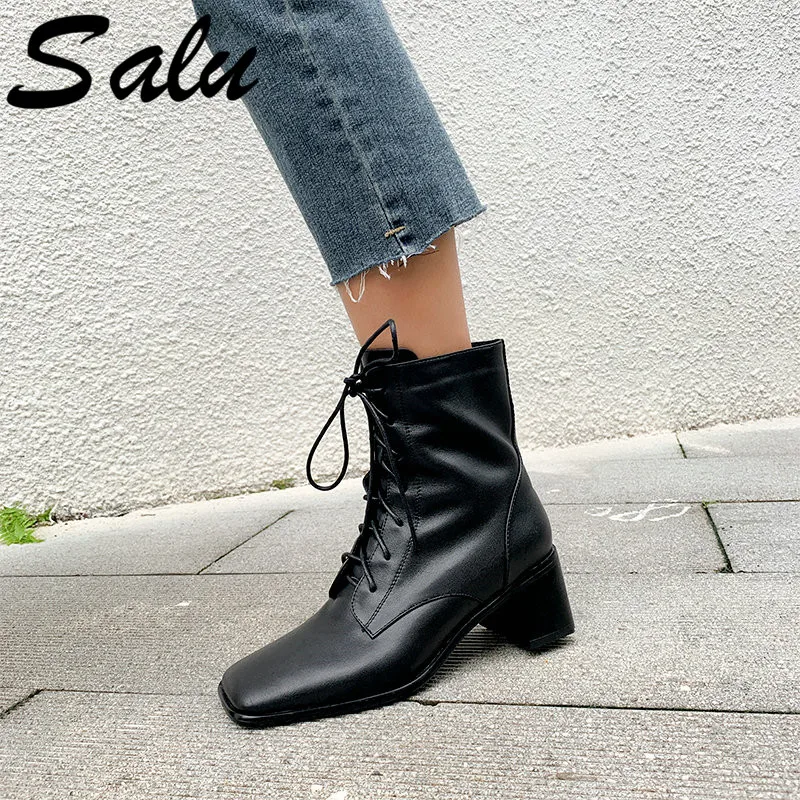 

Salu Retro Chelsea Boots Women Warm Autumn Winter Ankle Boots Genuine Leather Lace-up Office Shoes Woman High Heels Boots