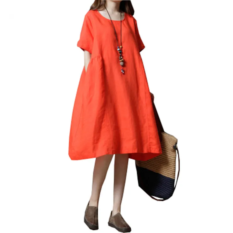 Boho robe femme ete летнее платье с коротким рукавом женское платье А-силуэта из хлопка и льна пляжное платье размера плюс