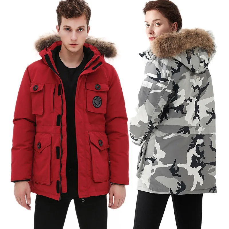 Goose Outdoor Down Jacket Women's Mid-length Large Size Men's Loose-Fit Padded Army Workwear Students Couples Coat-Style