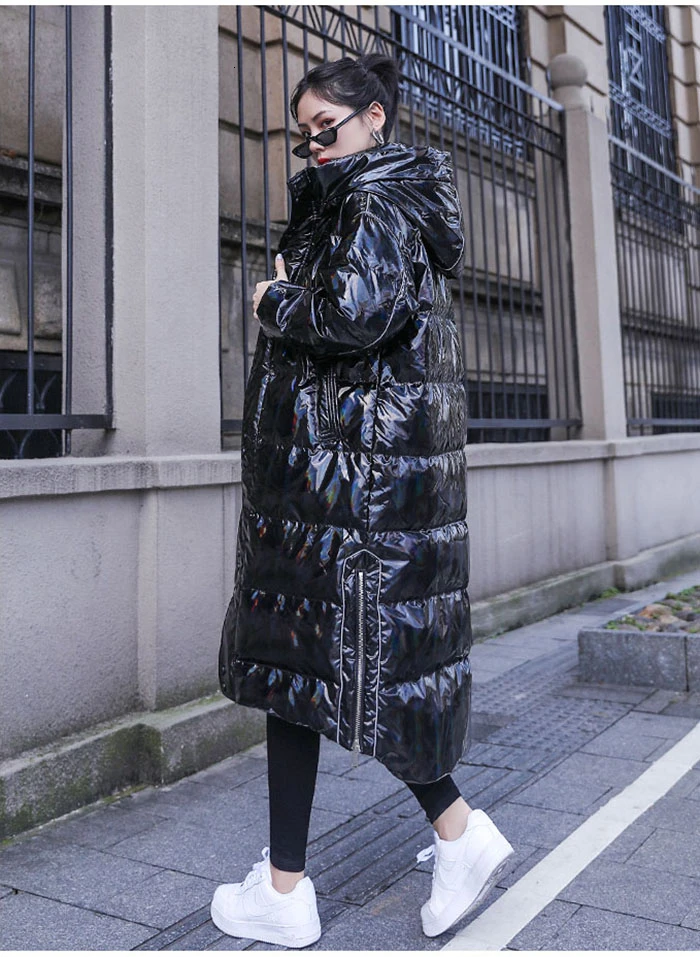 ZURICHOUSE Лазерная зимняя куртка женская длинная модная блестящая черная с капюшоном пуховая стеганая куртка Свободные теплые парки женские
