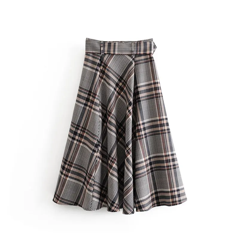 Withered england style vintage elegant high waist sashes plaid midi skirt women faldas mujer moda skirts womensplus size