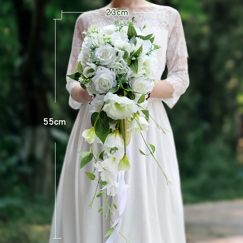 

Promotion! White Cascading Bridal Bouquets Artificial Rose Orchid Artificial Silk Flower Handmade Wedding Bouquet