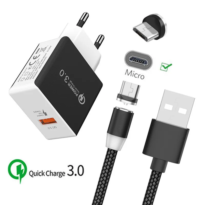 QC 3,0 быстрое зарядное устройство адаптер Магнитный Micro USB кабель для samsung J4 J5 J7 A10 huawei Y5 Y6 Y7 Prime P смартфон Android - Тип штекера: EU charger and cable