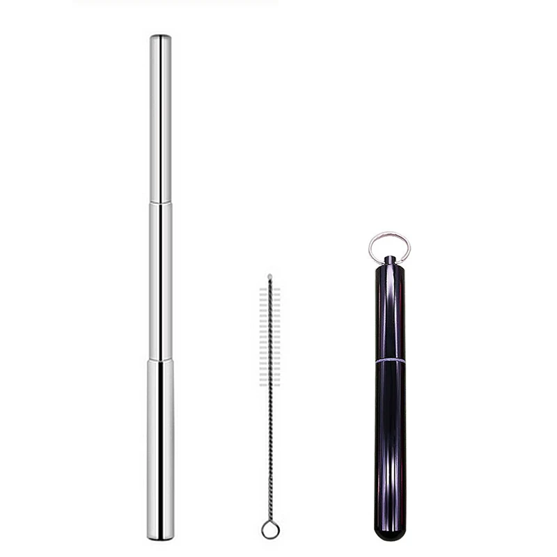 Черный Металлический многоразовый складной, сворачивающийся соломенный с чехлом брелок из нержавеющей стали металлический Портативный Телескопический питьевой набор щеточек - Цвет: Черный