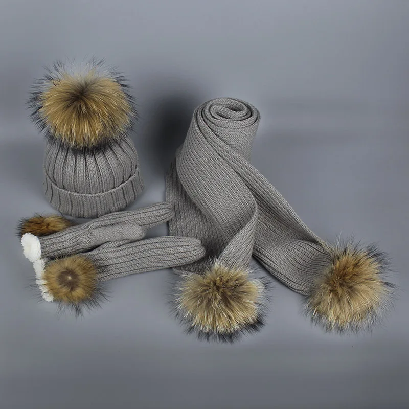 Комплект из трех предметов: шарф, шапка и перчатки, женские шапочки, шапочки с помпоном для вязания, осенне-зимний, теплый, полосатый модный головной убор - Цвет: C