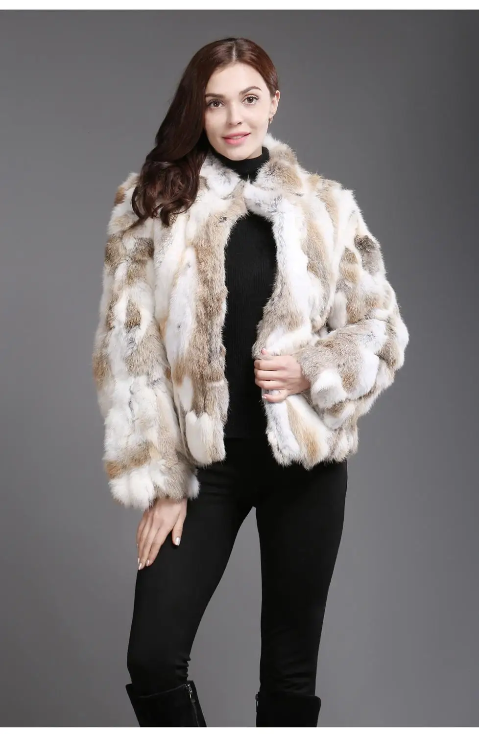 Natural Beige Высококачественное пальто из натурального меха, модное пальто из натурального кроличьего меха, элегантная женская зимняя верхняя одежда с воротником-стойкой, куртка из кроличьего меха - Цвет: Natural Beige