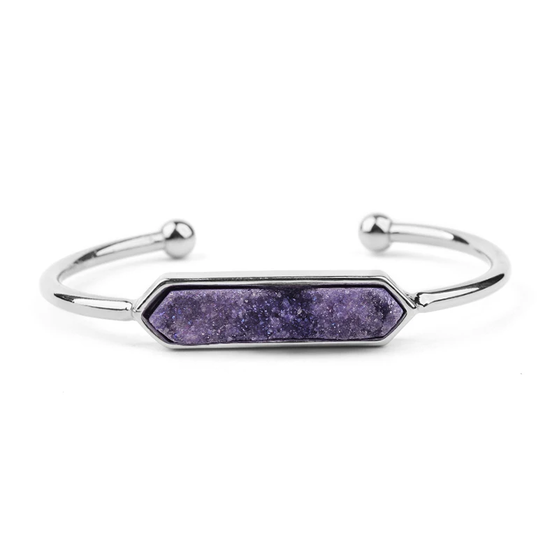 Бренд BOJIU, Женские Ювелирные изделия, женские браслеты, женские браслеты с натуральным Druzy камнем, модные простые женские манжеты BR024 - Окраска металла: 11-Silver Purple 2
