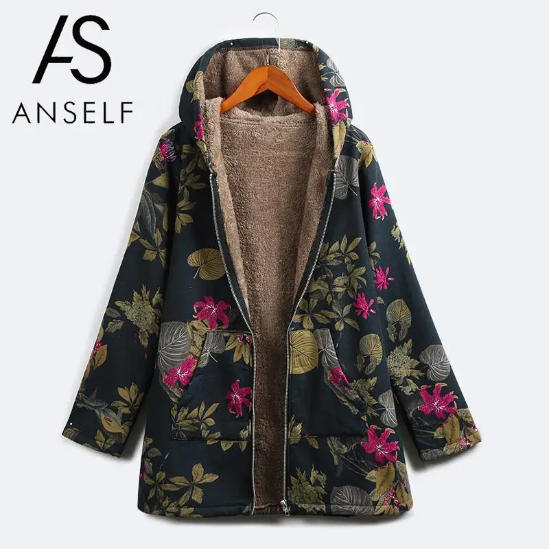 5XL размера плюс парка с капюшоном Женская куртка пальто из искусственного меха Топы цветочный принт боковые карманы теплое винтажное длинное пальто Верхняя одежда Женская туника
