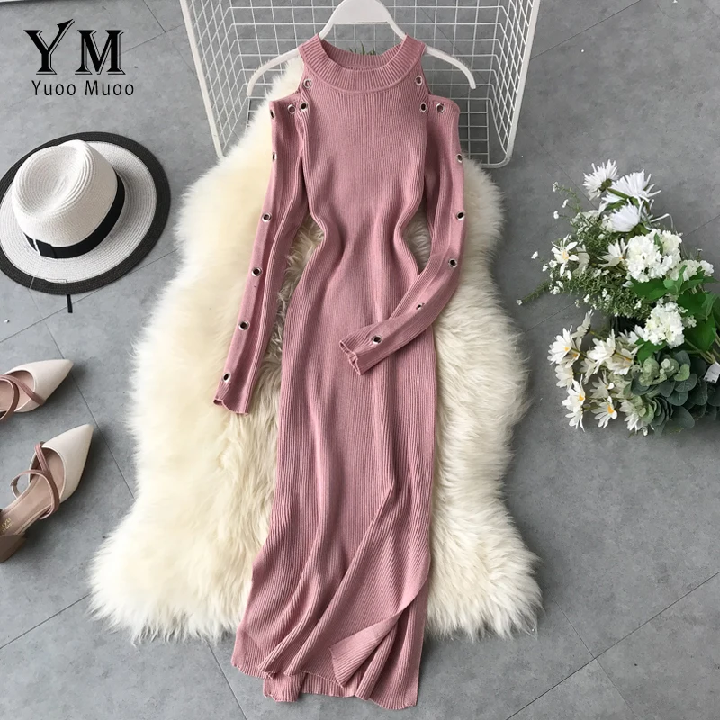 

YuooMuoo Fashion Hollow Out Off Shoulder Ladies Office Dress 2019 New Split Knitted Sweater Dress Women Korean Style Pink Dress