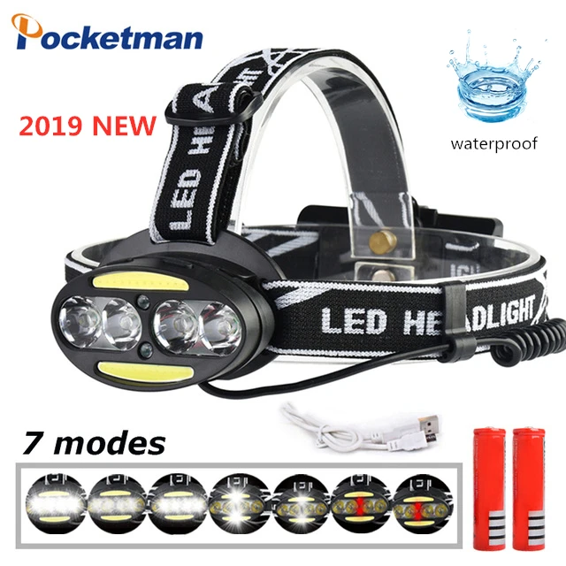 

10000 LM LED headlamp 4* T6 +2*COB+2*Red Headlamp Waterproof Flashlight Rechargeable Torch Lantern with battery