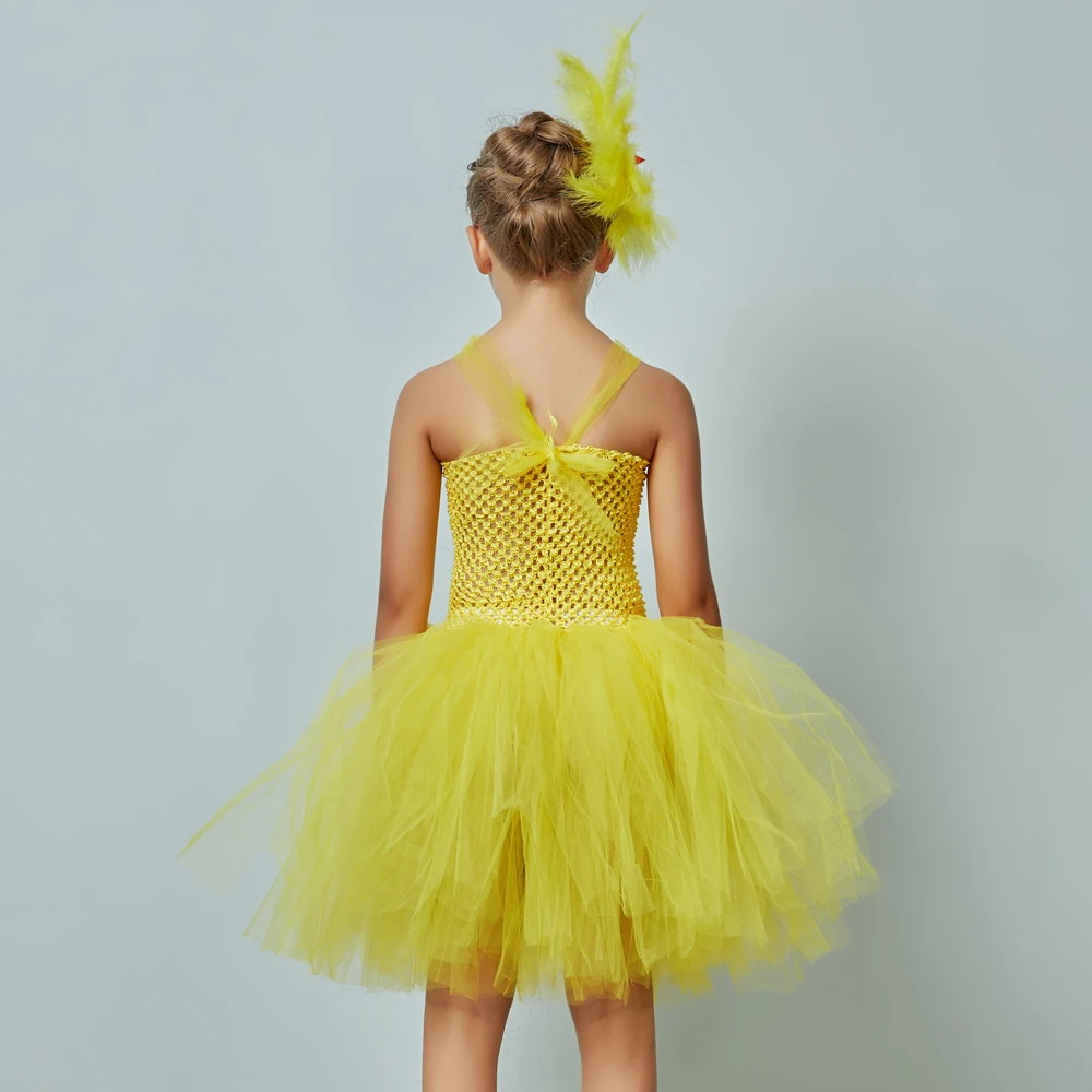 Yellow Chicken Girls Tutu Dress Kids Farm Animal Party Halloween Costume Feather Boas Children Cake Smash Photo Tulle Dress (8)