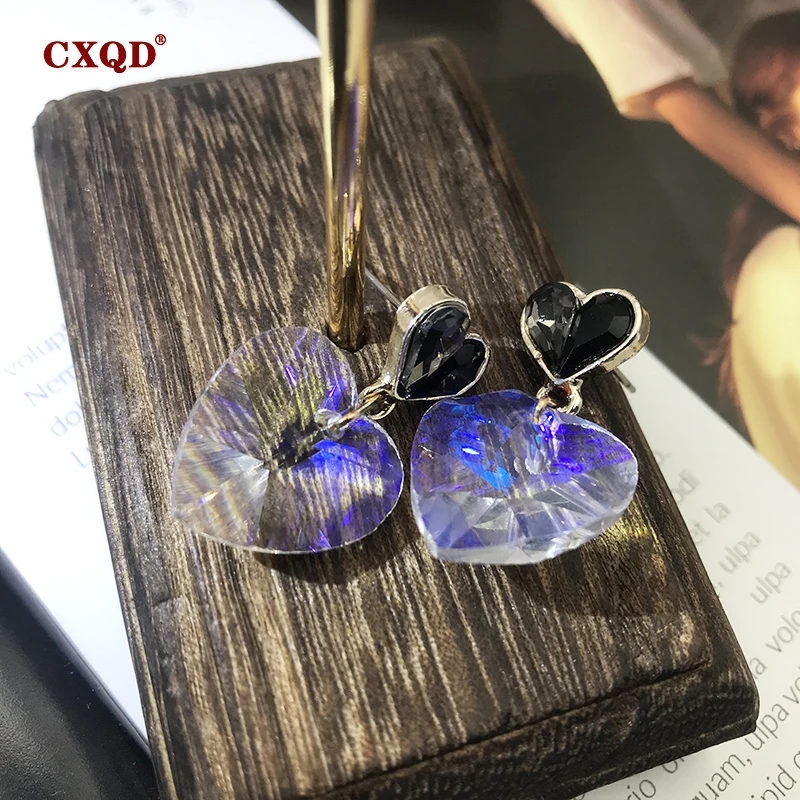 

CXQD Dominated Exaggerated fashion transparent crystal double heart earrings contracted joker Women Drop earrings smart Jewelry