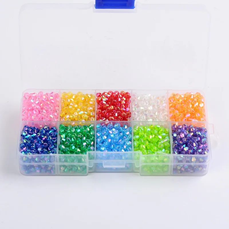 

Ten Color Boxed Environmental AB Color Plated Transparent Acrylic Beads, Faceted, Bicone, Mixed Color, 4x4mm, Hole: 1mm