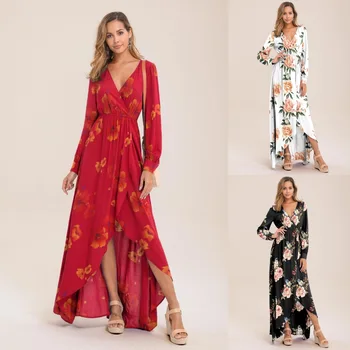 

Women V Neck Split Dress Floral Print Long Summer Long Sleeve Party Chiffon Elegant Casual Maxi Dresses Beach Sukienki Plus Size