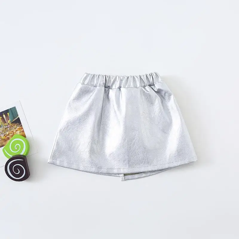 Г. Новое поступление, осенняя модная универсальная Повседневная мини-юбка из искусственной кожи в Корейском стиле с карманами для милых маленьких девочек - Цвет: Серебристый