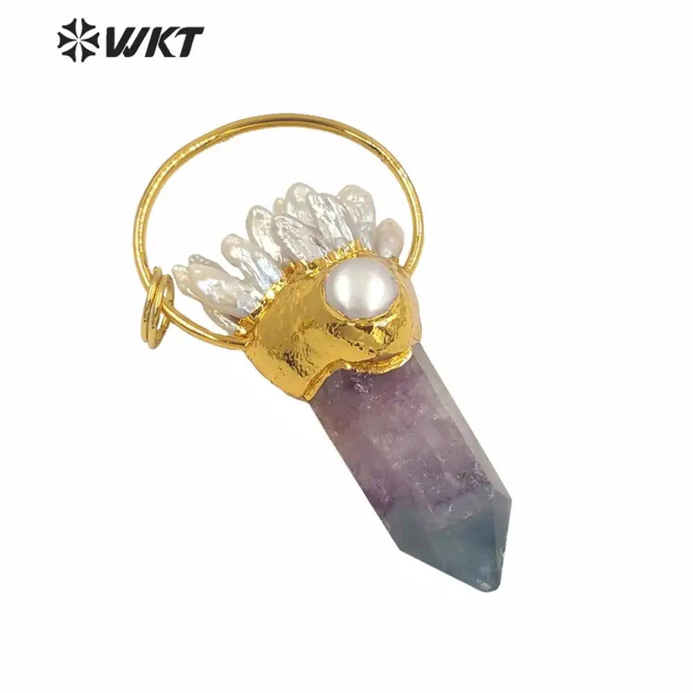 

WT-P1583 WKT New Design Natural Rainbow Spirit Quartz Point Pendant Unique Pearl Energy Fluorite Fashion Accessories