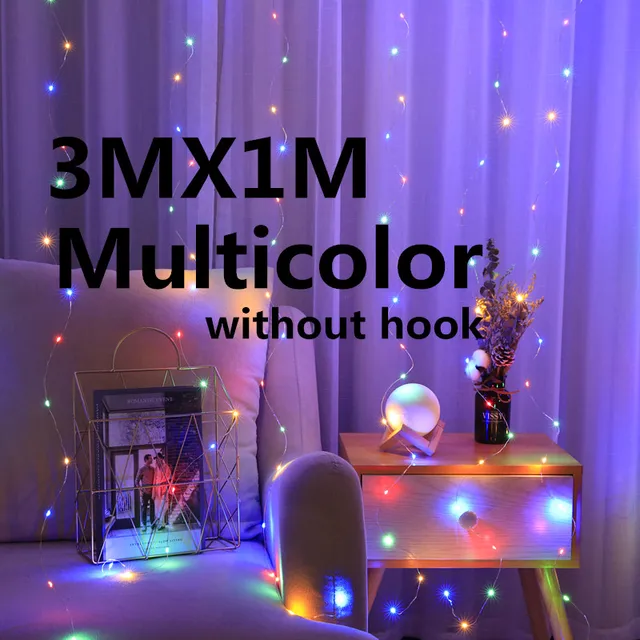3M Rainbow LED Garland Curtain Lights Fairy String Remote Control USB Christmas Lamp Holiday Decoration For Home Bedroom Window Multicolor 3X1M