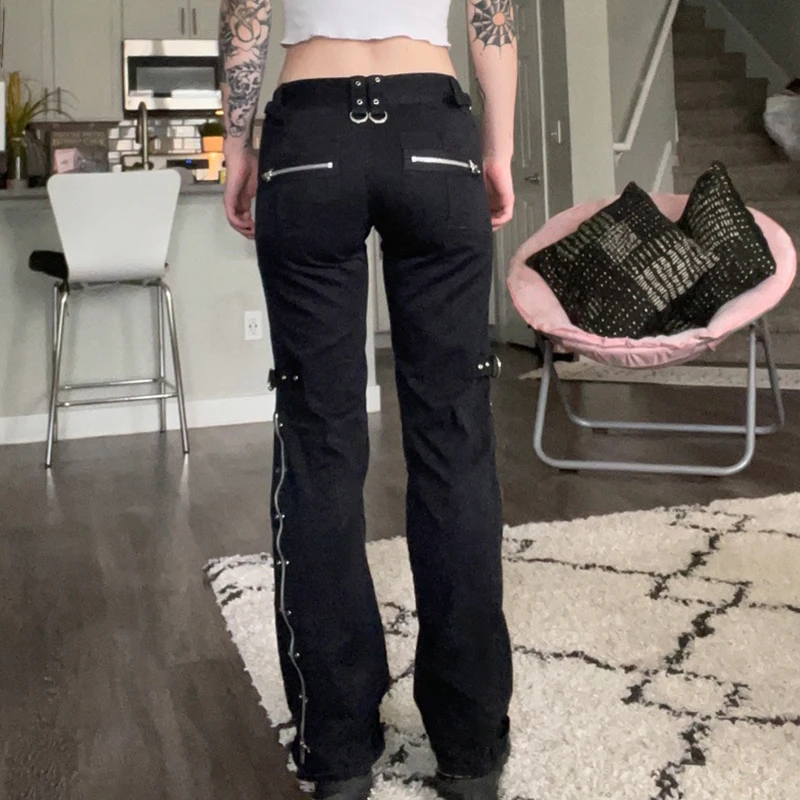 blue jeans SUCHCUTE Punk Rivets Zipper Black Straight Jeans Gothic Low Waist Women Denim Trousers Aesthetic Streetwear Dark Academia Pants versace jeans couture