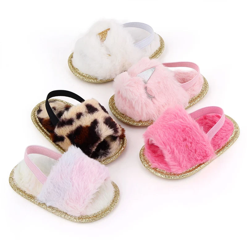 

Newborn Baby Girl Soft Sole Crib Shoes Cute Fluffy Fur Summer Slippers Shoe Fashion Gradient Soft Plush Bottom Indoor Shoes