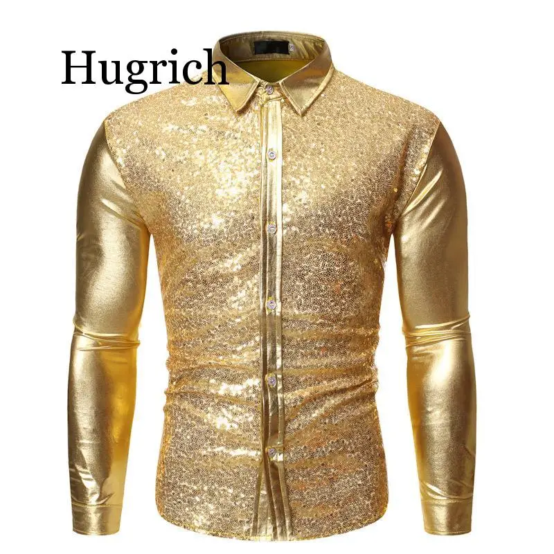 

Gold Patchwork Sequin Glitter Shirt Men 2020 Fashion Shiny Night Club Wear Mens Dress Shirts Party Prom Shirt