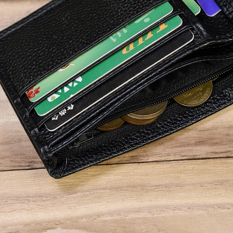 Soft Genuine Leather Purse For Man Women Fashion Small Cowhide Short Wallet Money Bag Credit Card Pockets Clutch Wallet Black 6