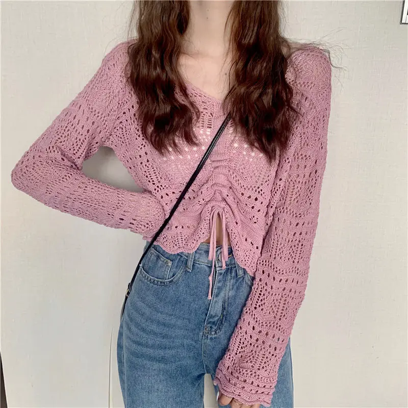 

Pink Sexy New Hollowed Bandage Spring Pullover Short Sweater Loose Coat Casual Cloth Girl T-shirt Tops Clothes for Women Lady